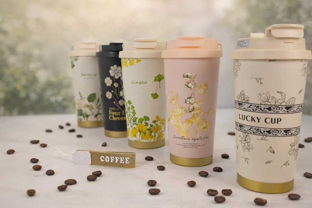 Set of floral-themed tumblers with coffee beans on a light surface