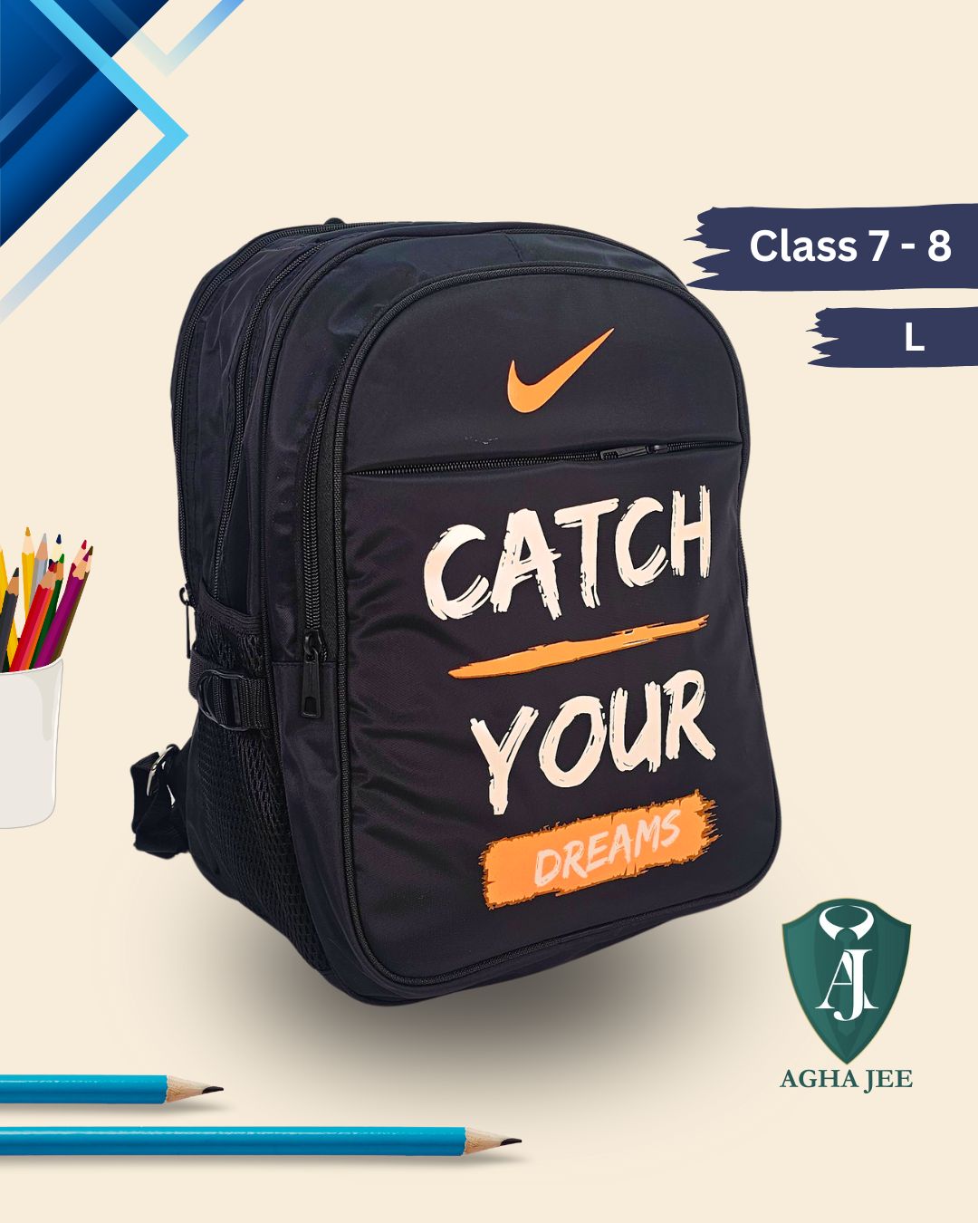 Black backpack with 'Catch Your Dreams' text and Nike logo, placed on a light beige background with stationery items.